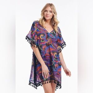 Mazu Swim Kaftan Coverup with Tassel Trim in French Paisley - Size 2X